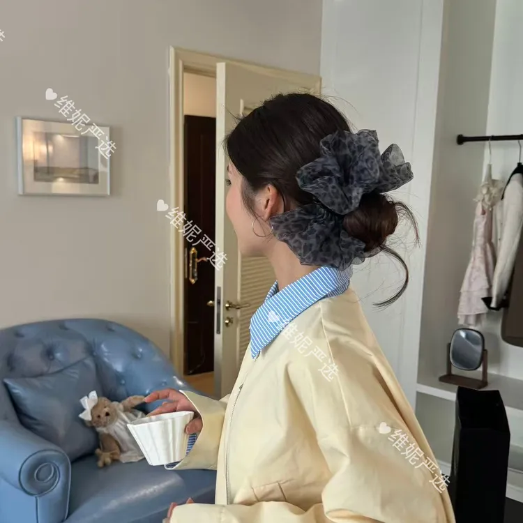 正面看得到 显脸小高级感豹纹泡泡网纱香蕉夹甜酷感高马尾发饰