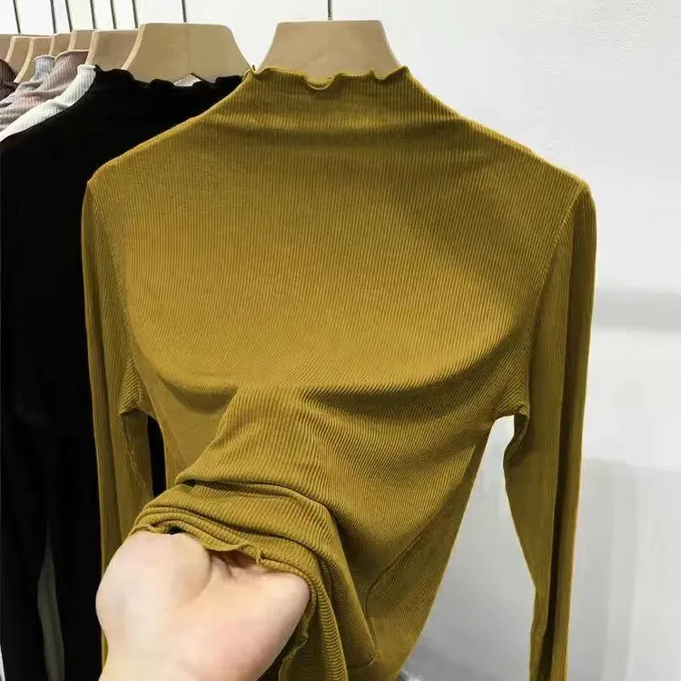 莫代尔棉春秋冬大码半高领内搭打底衫女修身木耳边长袖t恤上衣潮