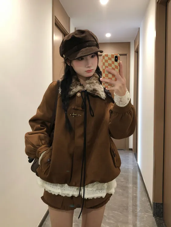 实拍“日杂感叠穿”可拆卸毛毛领上衣vintage感花加厚夹棉苞外套冬