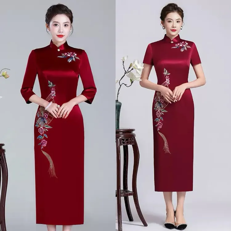 2025秋冬【正品苏绣】旗袍进口三醋酸修身显瘦喜妈妈婆婆婚宴礼服L
