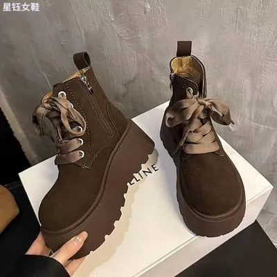 韩版百搭小个子时装靴英伦风复古大头厚底增高马丁靴女2024秋新款