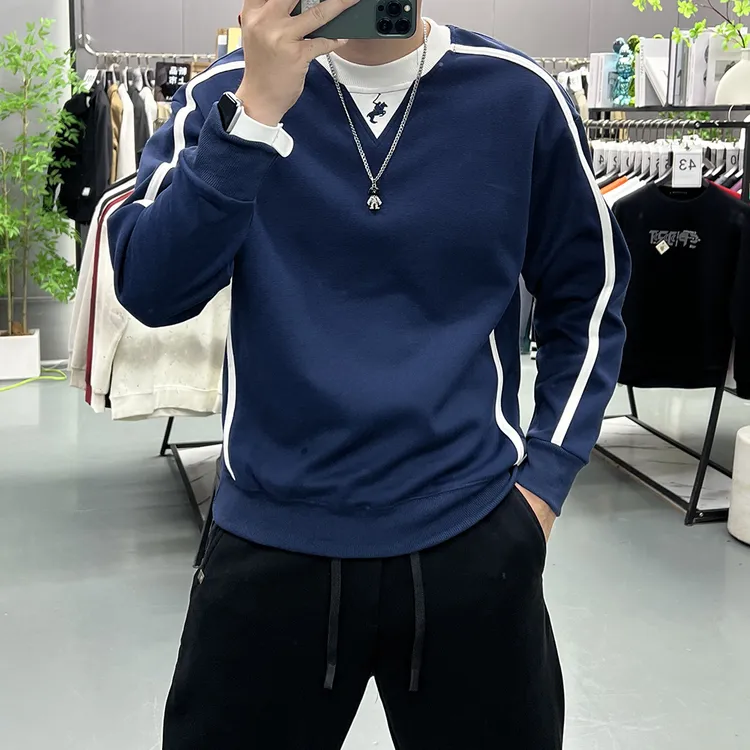 套头秋季拼色秋冬男士刺绣圆领长袖卫衣春季百搭休闲上衣修身
