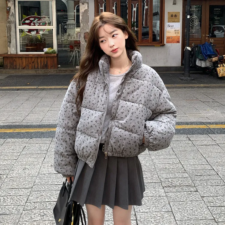 韩系田园风小碎花棉服女冬季新款立领小个子保暖面包服百搭外套