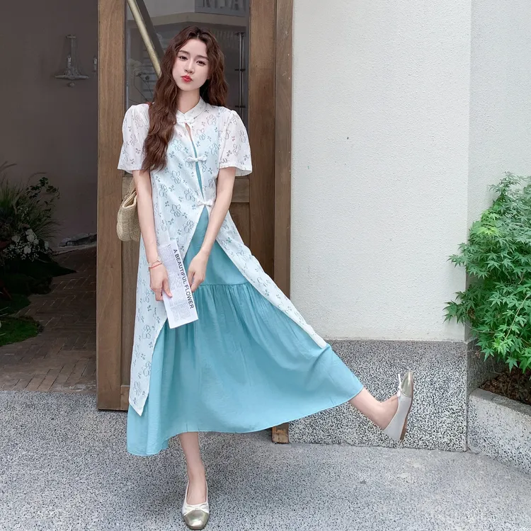 新中式国风镂空盘扣罩衫吊带裙两件套女2025夏季新款气质减龄套装