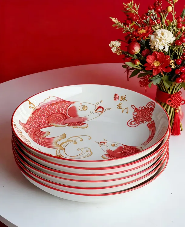 8英寸商用新年吉祥盘鱼跃龙门盘子装釉下彩工艺陶瓷瓷盘复古家用