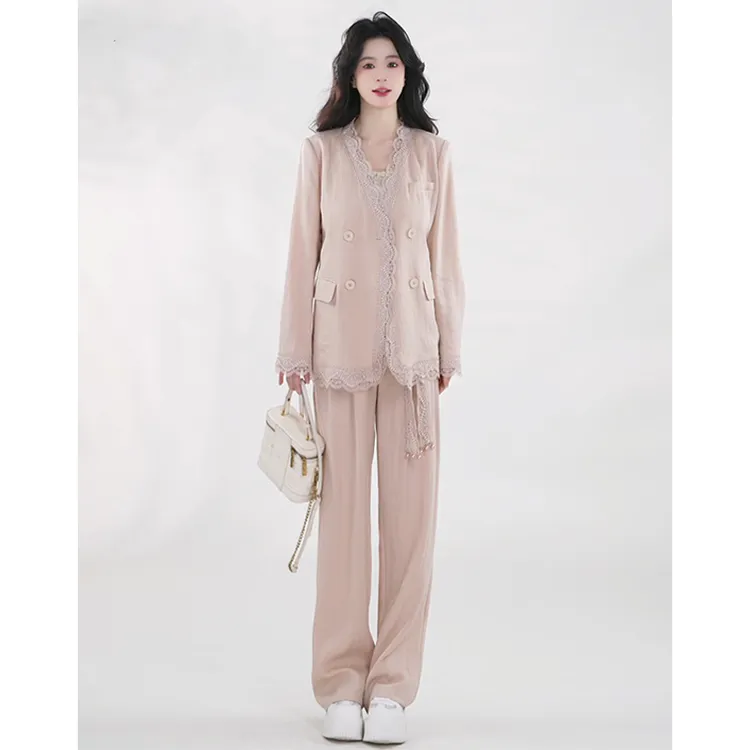 设计感休闲百搭套装女2025年初秋新款气质粉色蕾丝外套长裤两件套