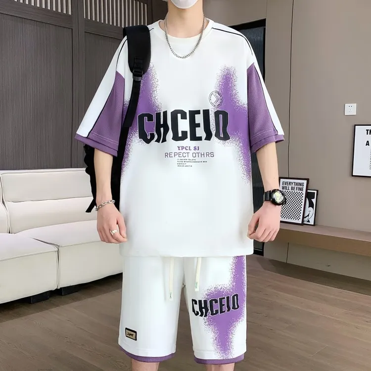 大码男装100-280斤冰丝短袖t恤男青少年夏装帅气短袖休闲运动套装