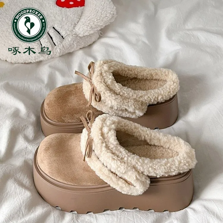 啄木鸟小个子厚底加绒勃肯鞋女冬季厚底包头拖鞋蝴蝶结保暖棉鞋