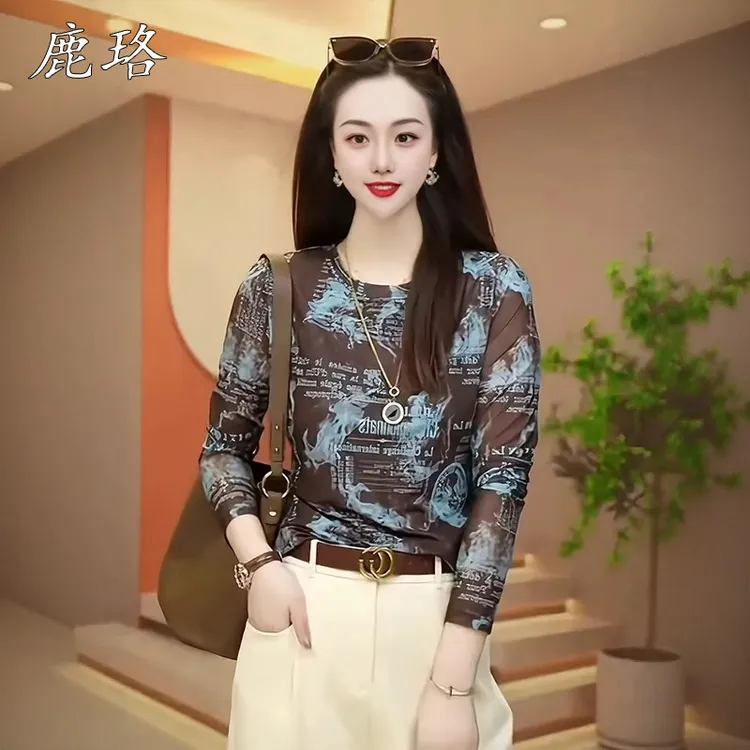 网纱印花上衣长袖t恤女春秋新款气质百搭打底透气高级感外穿小衫