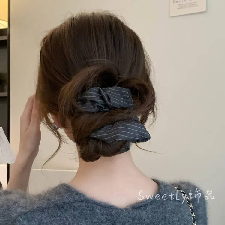松弛感～韩系条纹低丸子头大肠发圈慵懒感高级百搭低马尾发圈女