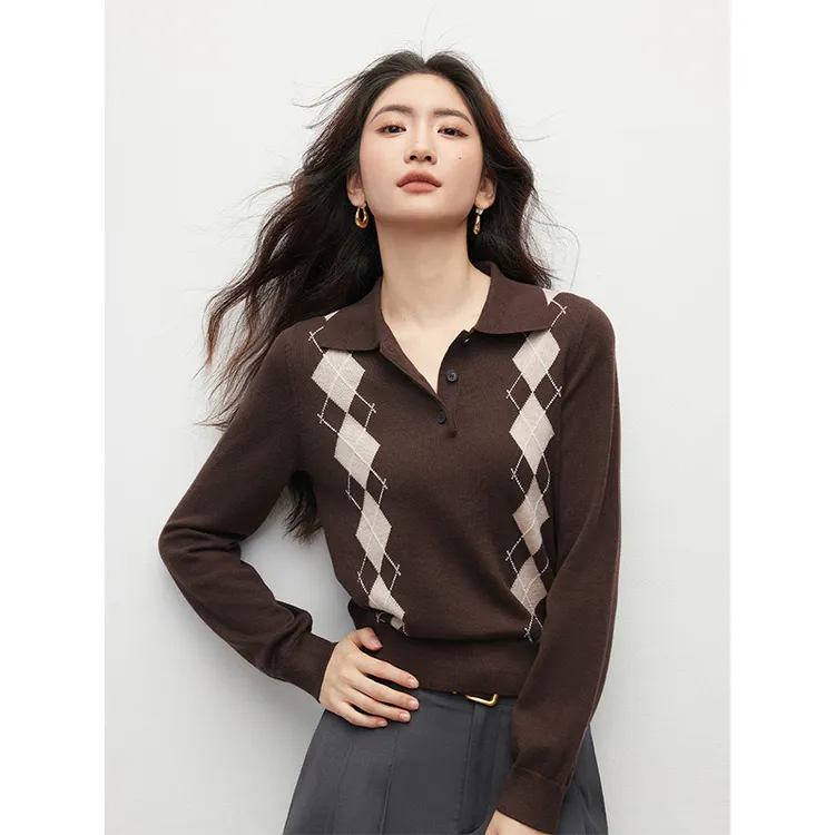 复古polo领菱格设计感针织衫女2025秋季新款胖mm显瘦气质长袖上衣