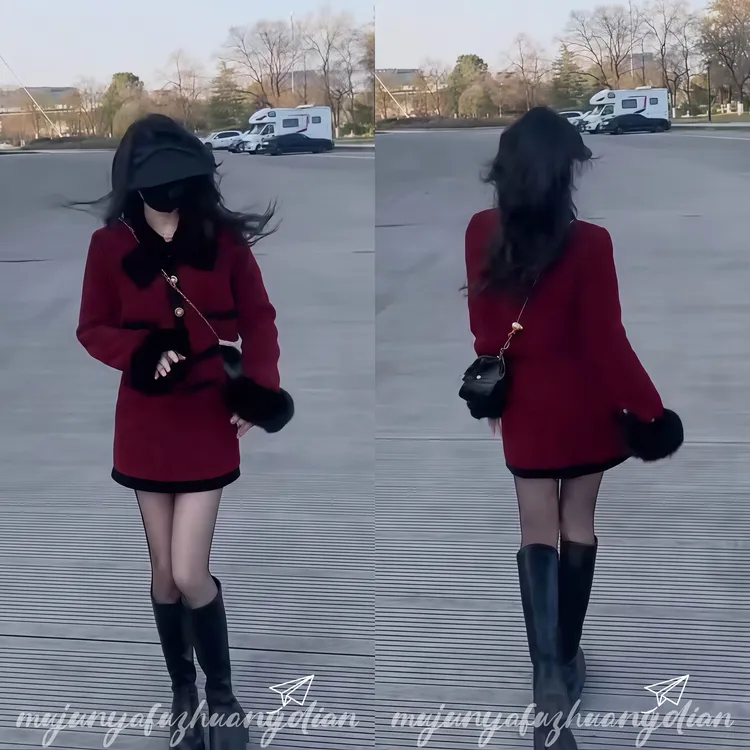 小香风套装女秋冬翻领外套半身裙显瘦两件套淑女风