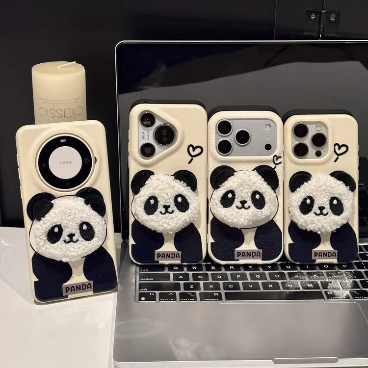 呆萌熊猫适用苹果17手机壳iPhone16PM华为p80可爱皮纹tpu女mate70