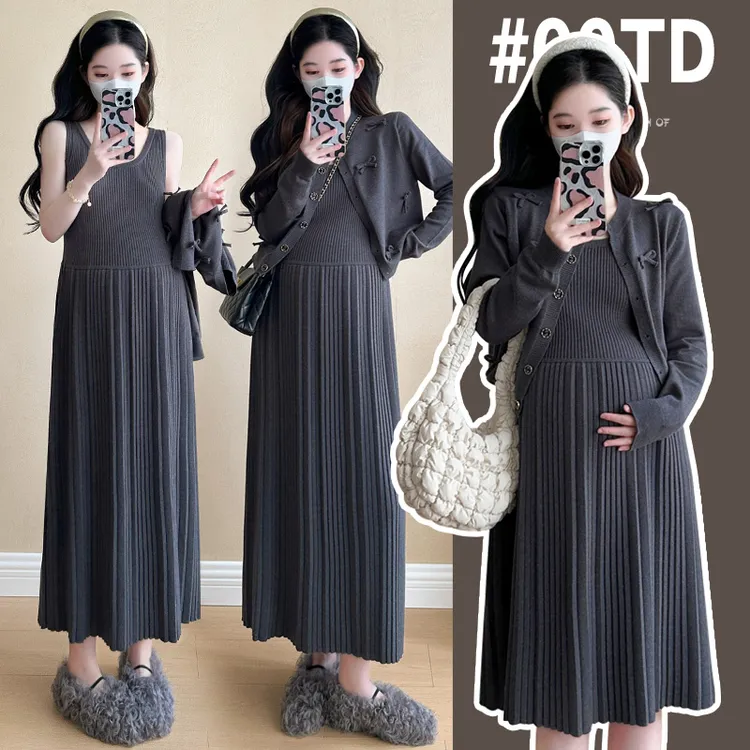 孕妇秋季连衣裙气质高级感小香风针织背心裙韩版时尚款两件套裙子