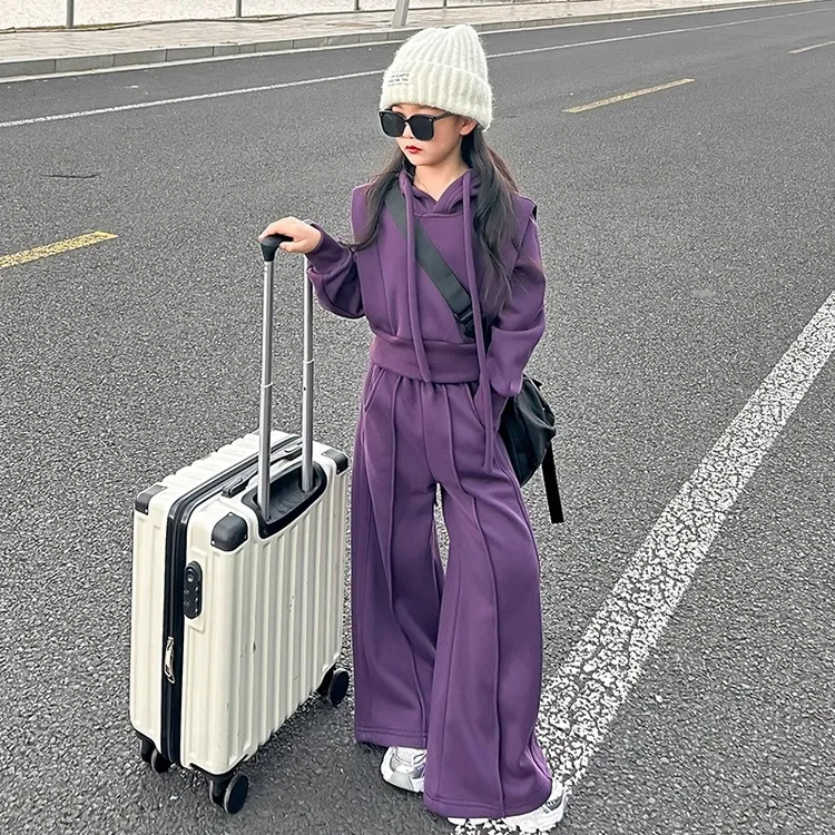 女童运动服套装2025新款大童时髦纯色休闲卫衣直筒裤两件套春秋装