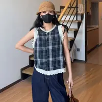 小个子法式蕾丝花边无袖上衣女夏季新款设计感小众格子开衫背心