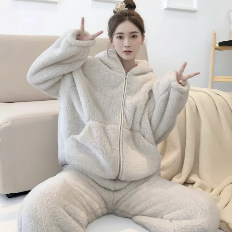 连帽插兜加绒加厚居家服两件套保暖套装纯色宽松睡衣2025冬慵懒风