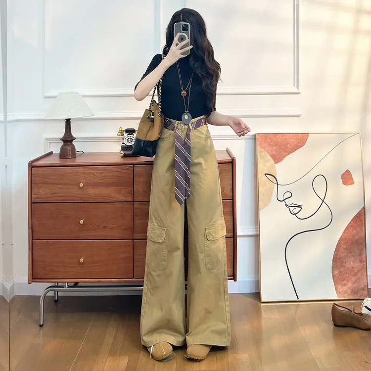 喜绚工装阔腿牛仔裤女春秋季2025新款设计感港风高街时髦直筒裤子