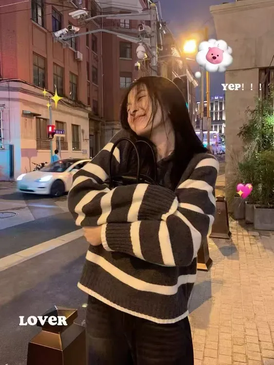 连帽条纹日式慵懒风针织毛针织衫针织衫黑白百搭
