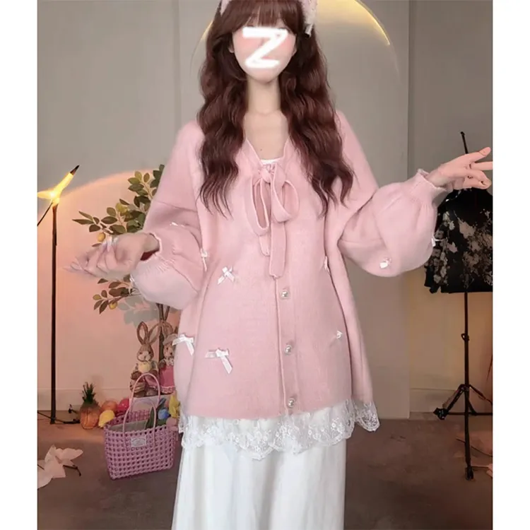 大码韩系慵懒风套装女秋季蝴蝶结软糯毛衣搭显瘦高腰半身裙两件套