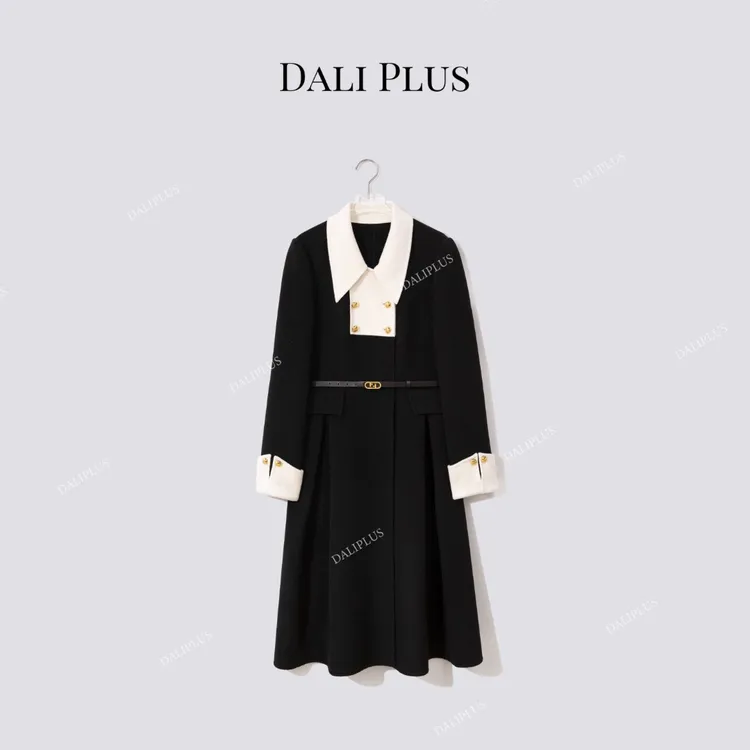 DALI PLUS“钻石系列”羊绒+羊毛黑白撞色收腰系带呢大衣-D5CH4607