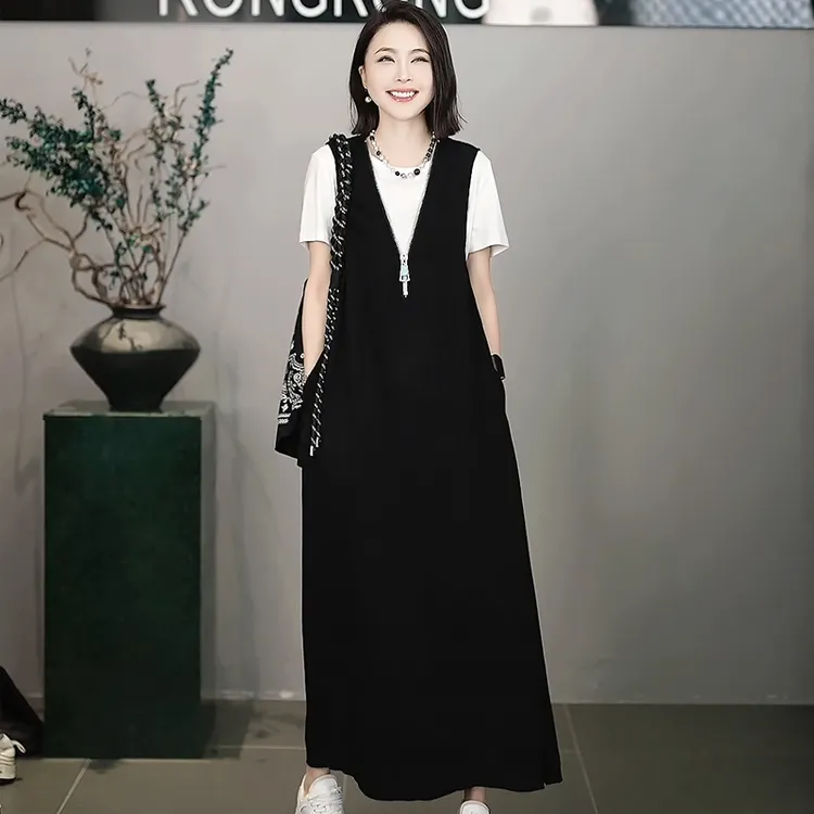 溶溶【山间暮夏】RONGRONG V领H型拉链立裁黑色简约法式连衣裙10079