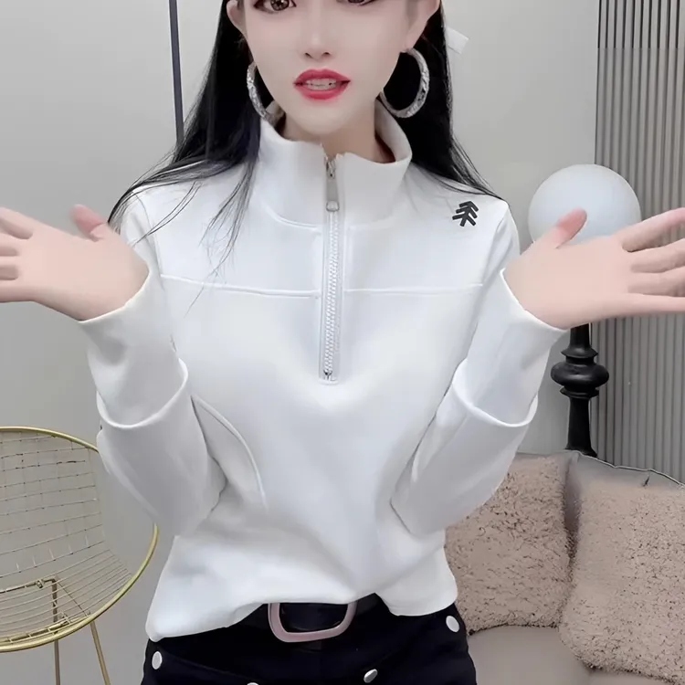 高级感立领长袖T恤女春秋款修身显瘦减龄欧货爆款半拉链设计上衣