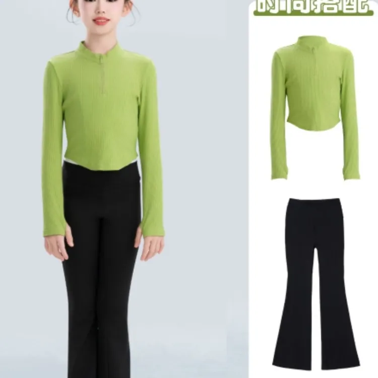 儿童舞蹈服练功服秋季立领拉链上衣绿色喇叭长裤中国舞民族舞套装