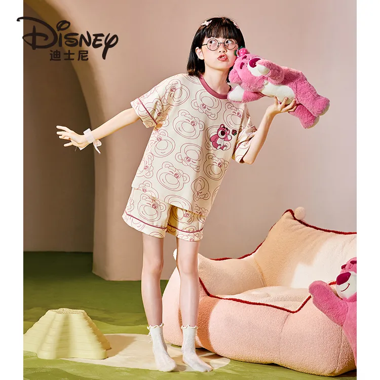 Disney/迪士尼女童睡衣夏季纯棉短袖儿童家居服大童薄款套装4216