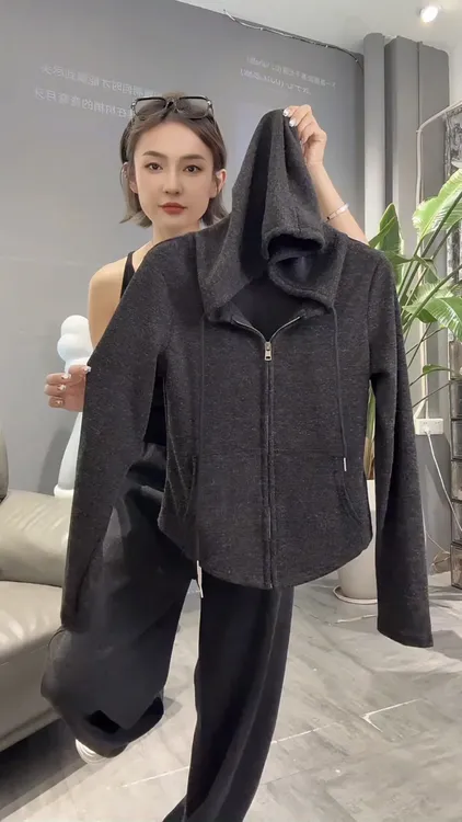 韩版纯色长袖连帽拉链上衣女2025早秋简约小众显瘦高级感外套