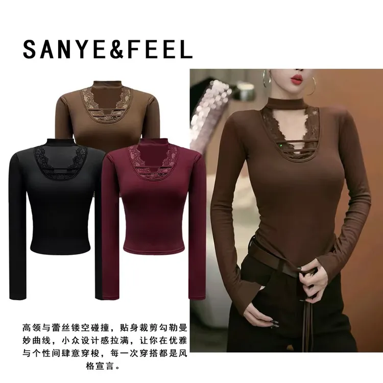 sanye&feel/妍三也【黑魅蕾丝】百搭蕾丝拼接V领打底540125YX