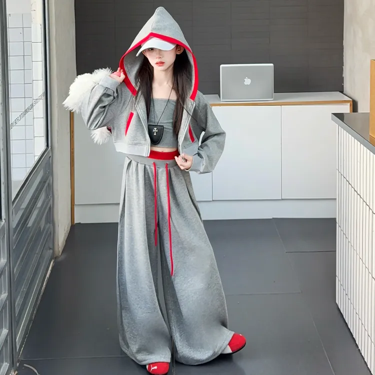 女童美式短款连帽卫衣外套早秋拼色开衫上衣宽松直筒抽绳卫裤套装