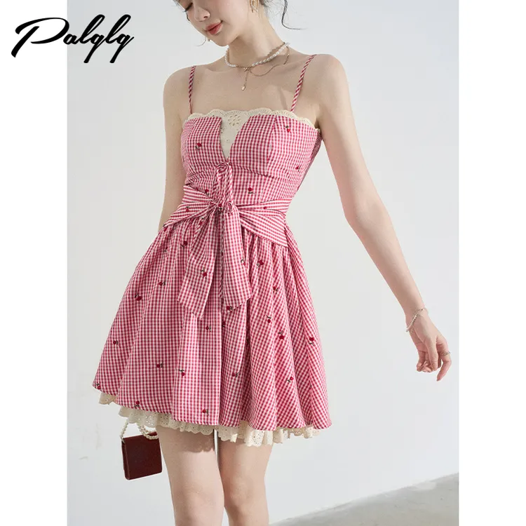 Palglg蕾丝花边红色格子吊带法式甜美千金风a字裙子-52PDA43844
