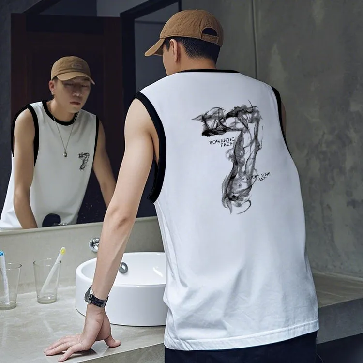 港风复古黑白无袖T恤男2025夏季新款宽松背心小众休闲痞帅ins上衣