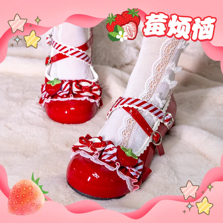 莓烦恼红色lo鞋草莓lo鞋推荐蝴蝶结lolita鞋子洛丽塔漆皮圆头可爱