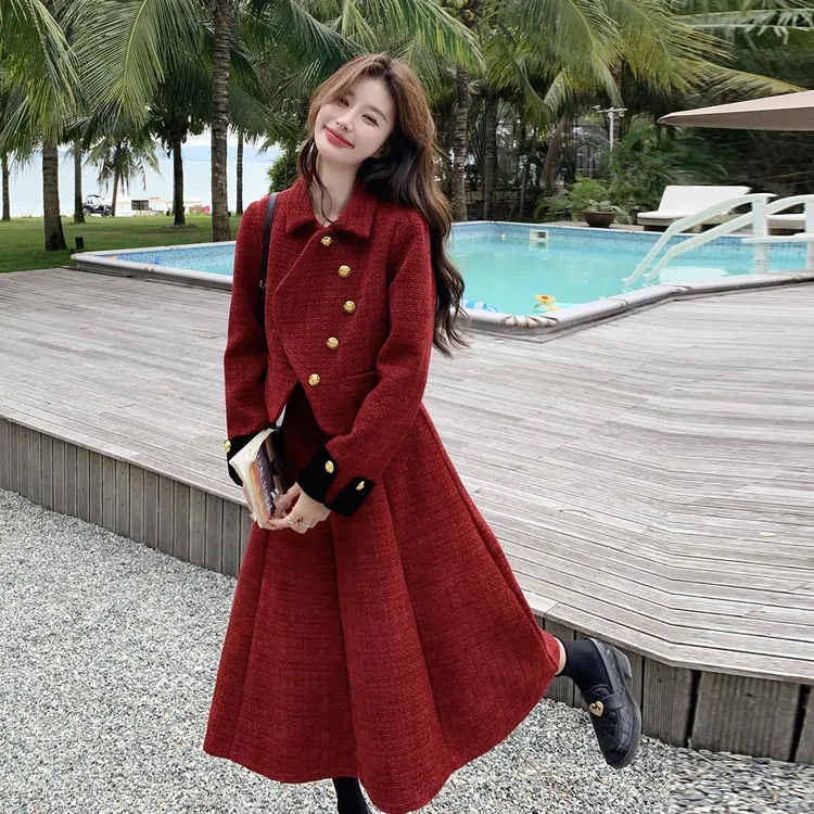 红色小香风套装裙女2025秋新款气质时髦高级感短外套半身裙两件套