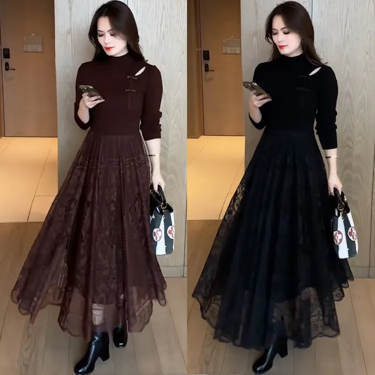 拉夏贝尔假两件中长款连衣裙2025秋冬款高级感蕾丝拼接针织裙