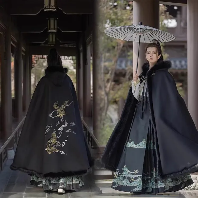 国潮黑色斗篷加绒加厚新中式中国风古装外套古风保暖披风冬季汉服
