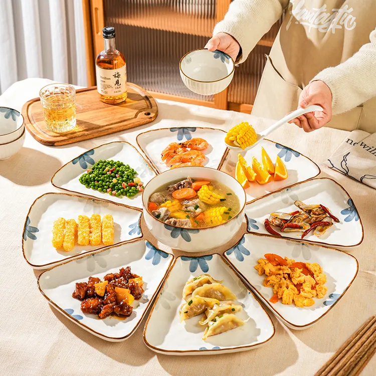 舍里釉下彩团圆拼盘餐具套装陶瓷盘子菜盘家用过年夜饭碗碟套装