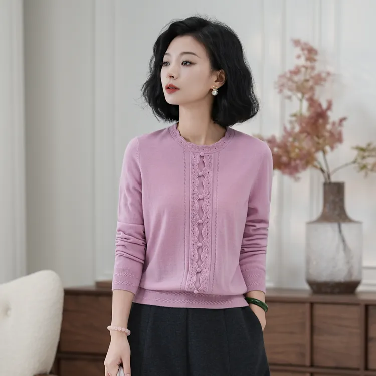 西子/【索菲娅】气质优雅绵羊毛钩花花边针织粉色上衣/MSTJ369