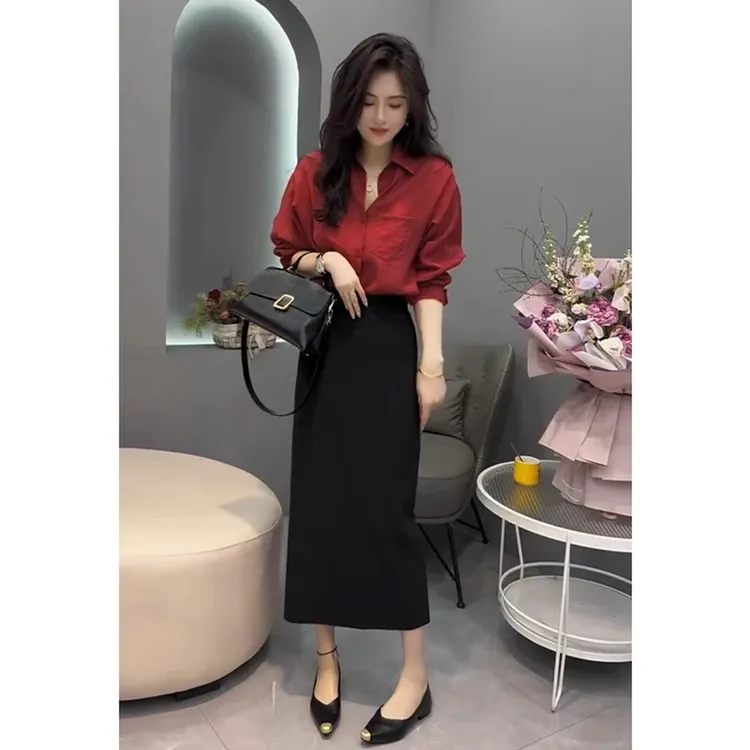 港风复古时尚套装女2025年春秋新款红色长袖衬衫气质半身裙两件套