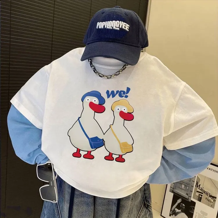 儿童上衣百搭宝宝春秋圆领T恤男童长袖吸汗印花洋气假两件打底衫