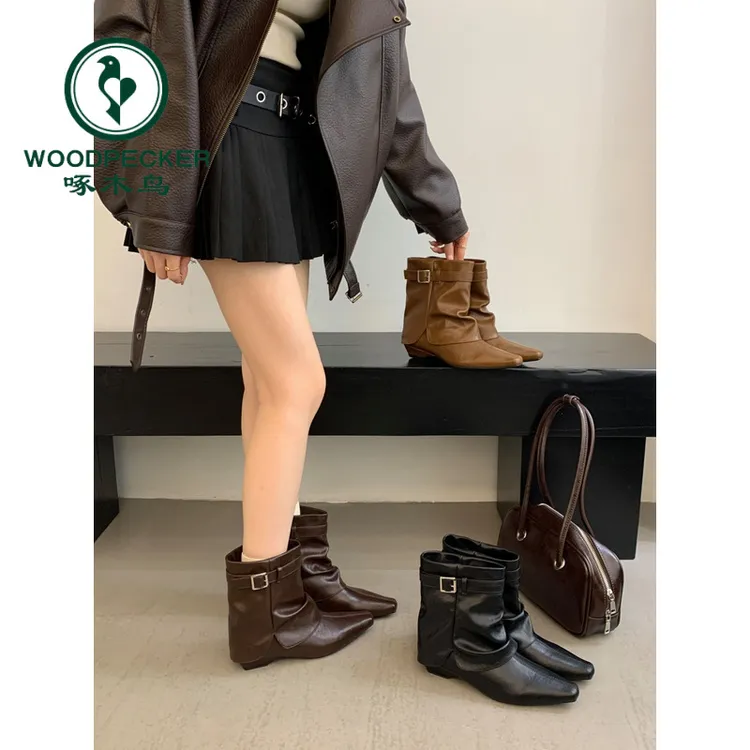 啄木鸟低跟3cm短筒靴复古美拉德咖色马丁靴软皮时尚欧美风瘦瘦靴