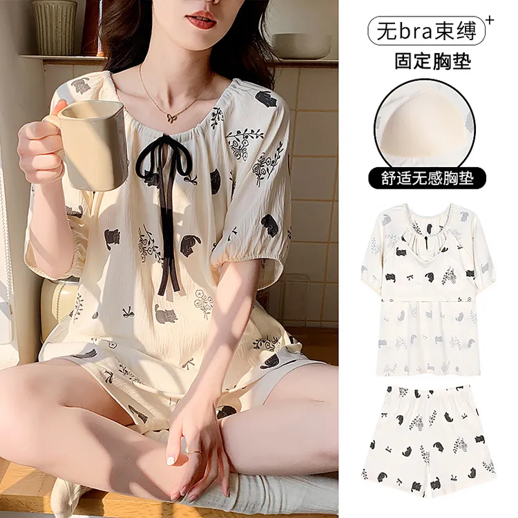 夏季睡衣女爆款带胸垫短袖短裤云朵棉夏天薄款甜美可爱宽松家居服