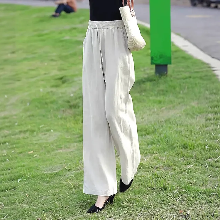 亚麻休闲阔腿裤女2025新款夏天松弛感裤子松紧腰宽松大码胖mm长裤