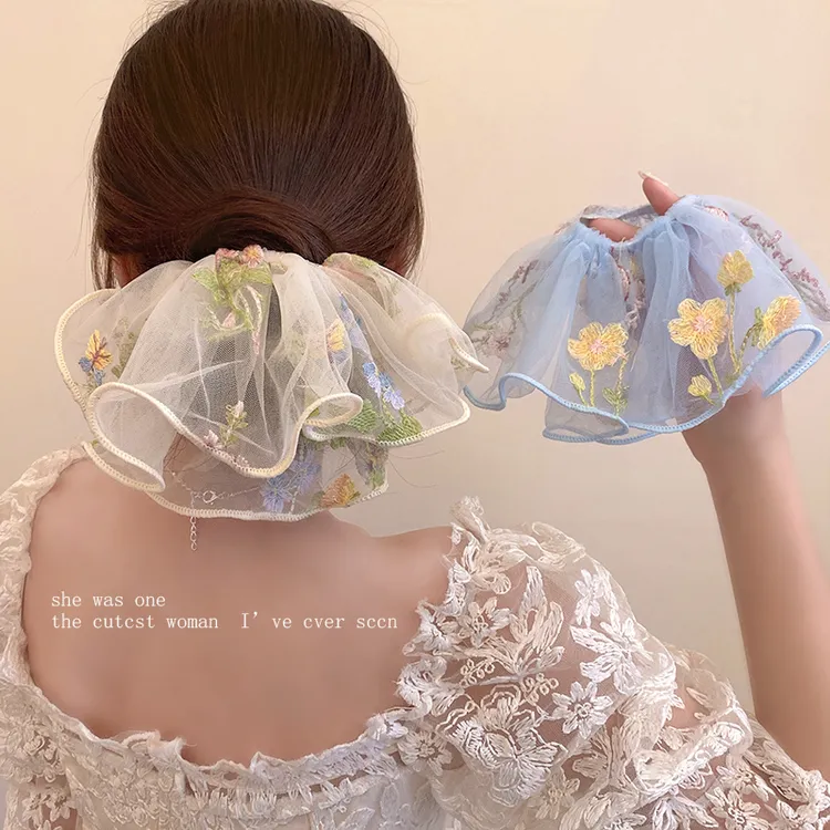 超仙花朵刺绣网纱发圈法式裙摆大肠圈头绳扎马尾皮筋头花发饰新款