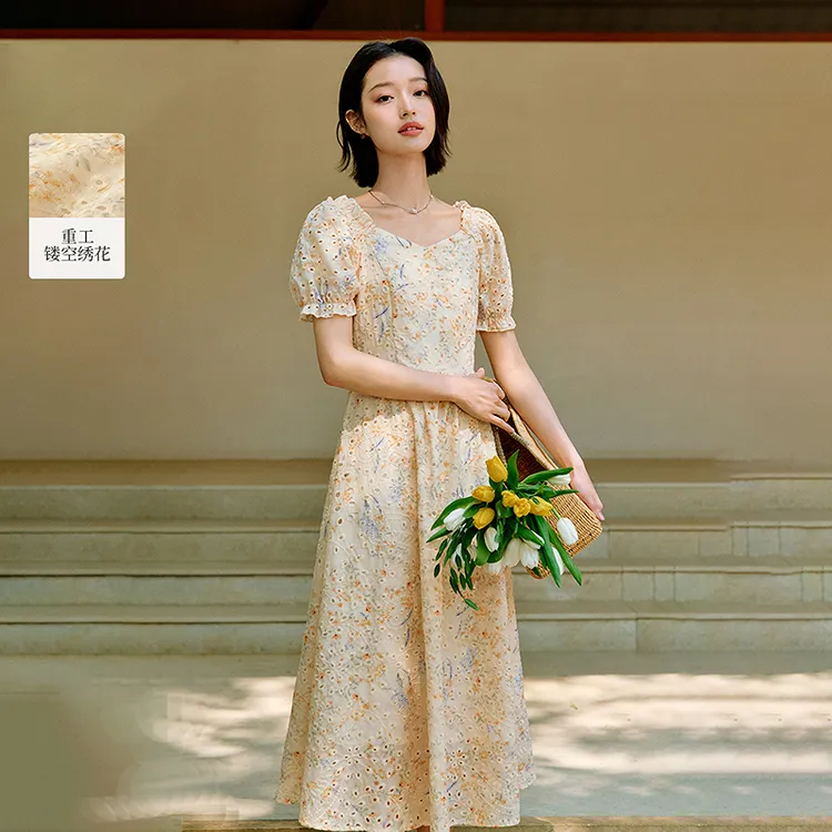 【618返场购】茵曼夏季法式重工镂空刺绣连衣裙女气质打揽无袖裙子