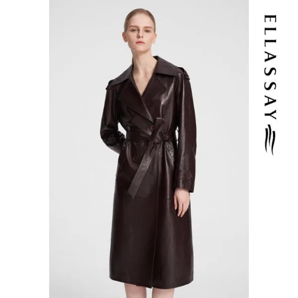 歌力思/ELLASSAY新款复古翻领长款摩登皮衣女EWF353X00100