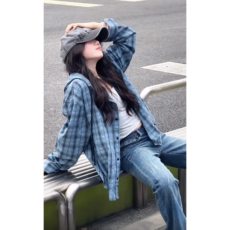 美式复古格子衬衫男女防晒宽松休闲连帽衬衫撞色痞帅百搭外套潮牌