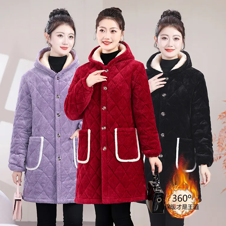 冬季新款加绒加厚棉衣中老年女装中长款保暖罩衣家居服厚棉服外套